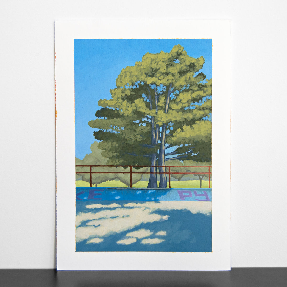 Art painting of a skatepark with trees and a quarter pipe