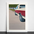 Painting of a red and white truck on a road with trees in the background.