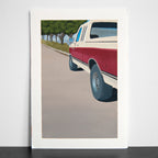 Painting of a red and white truck on a road with trees in the background.