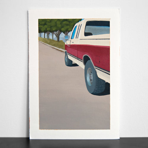 Painting of a red and white truck on a road with trees in the background.