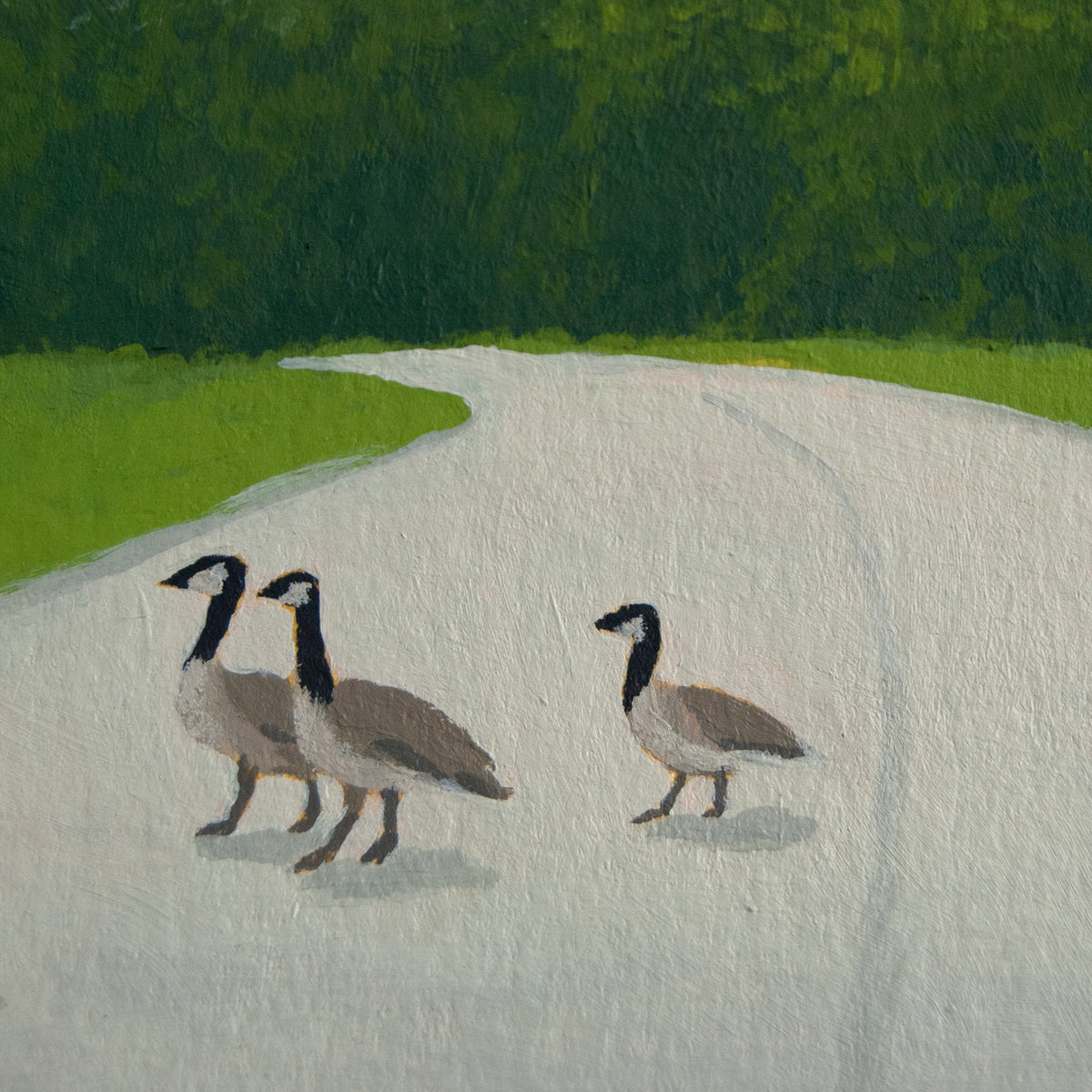 Three geese walking on a road with green fields and trees in the background