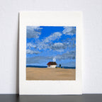 Artwork of a lifeguard station against a blue sky with clouds.